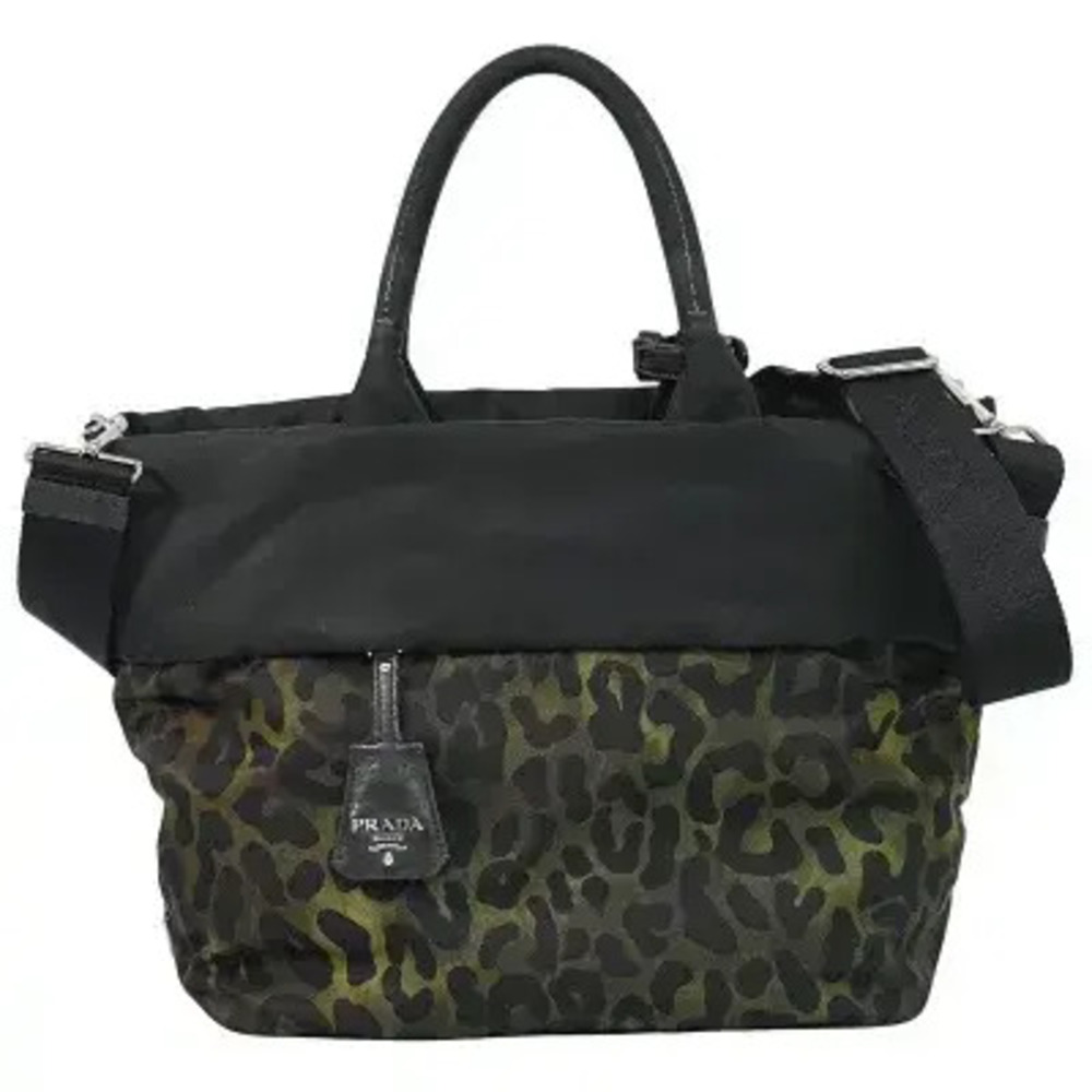 Prada Leopard Tote 2Way Shoulder Bag Khaki Green Black